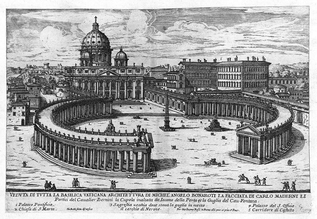 veduta della piazza e della basilica di San Pietro in Vaticano (stampa smarginata, elemento d'insieme) di Falda Giovan Battista (sec. XVII)
