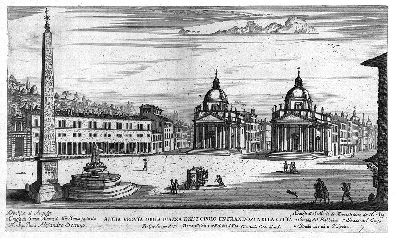veduta di piazza del Popolo a Roma (stampa smarginata, elemento d'insieme) di Falda Giovan Battista (sec. XVII)