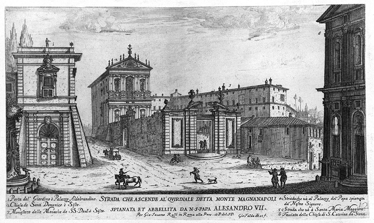 veduta di largo Magnanapoli sul colle del Quirinale a Roma (stampa smarginata, elemento d'insieme) di Falda Giovan Battista (sec. XVII)