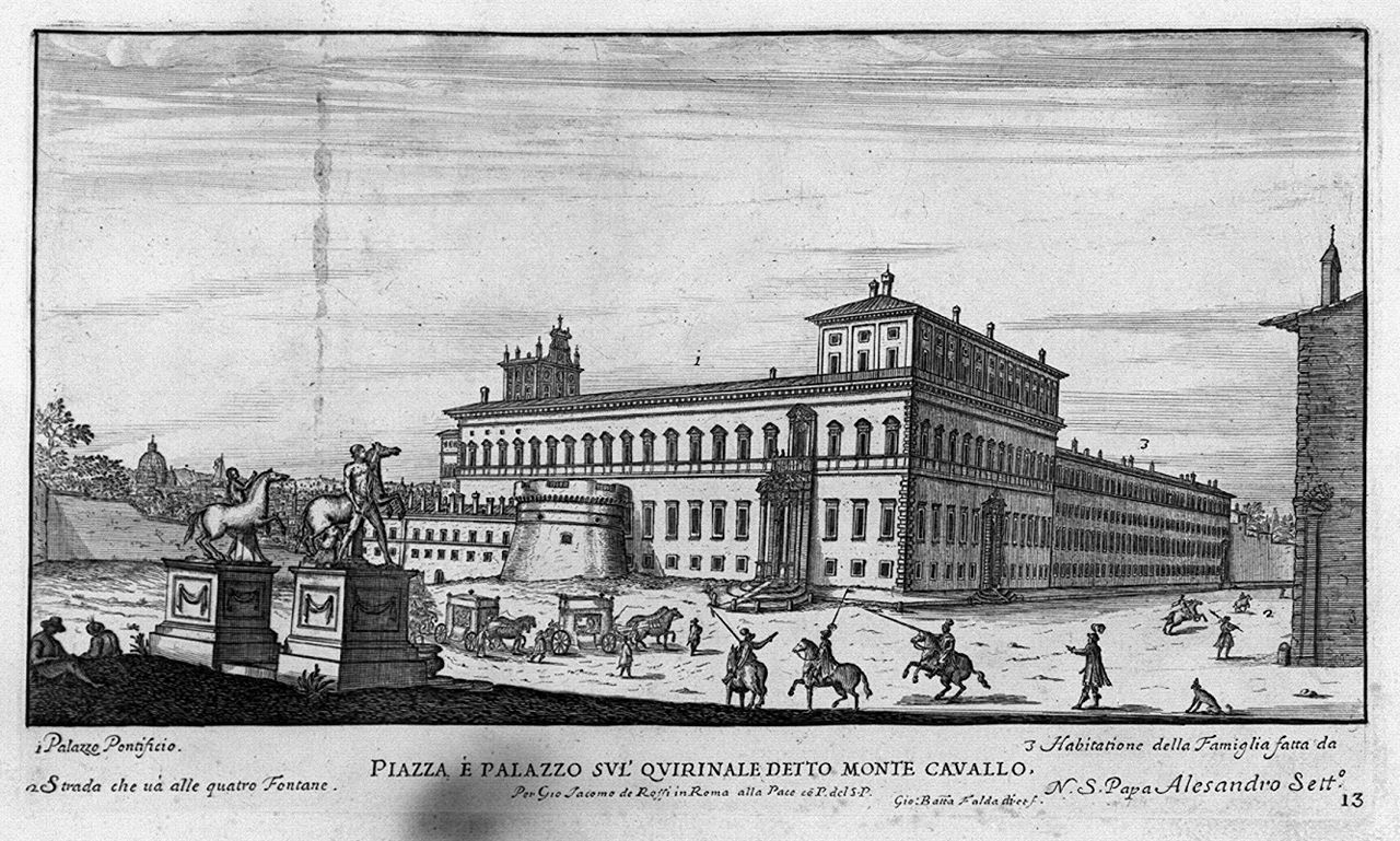 veduta del palazzo e della piazza del Quirinale a Roma (stampa smarginata, elemento d'insieme) di Falda Giovan Battista (sec. XVII)