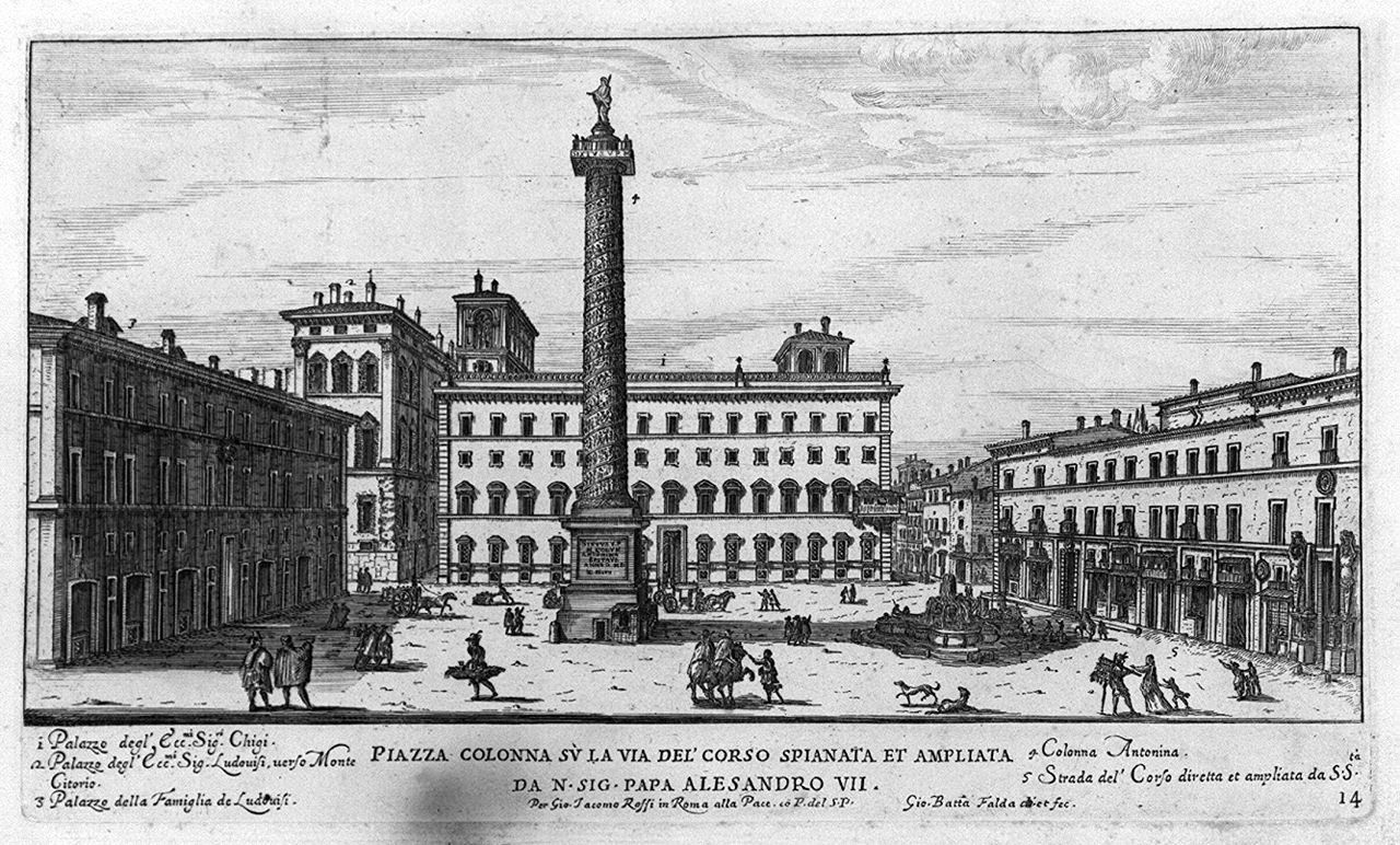 veduta di piazza Colonna a Roma (stampa smarginata, elemento d'insieme) di Falda Giovan Battista (sec. XVII)