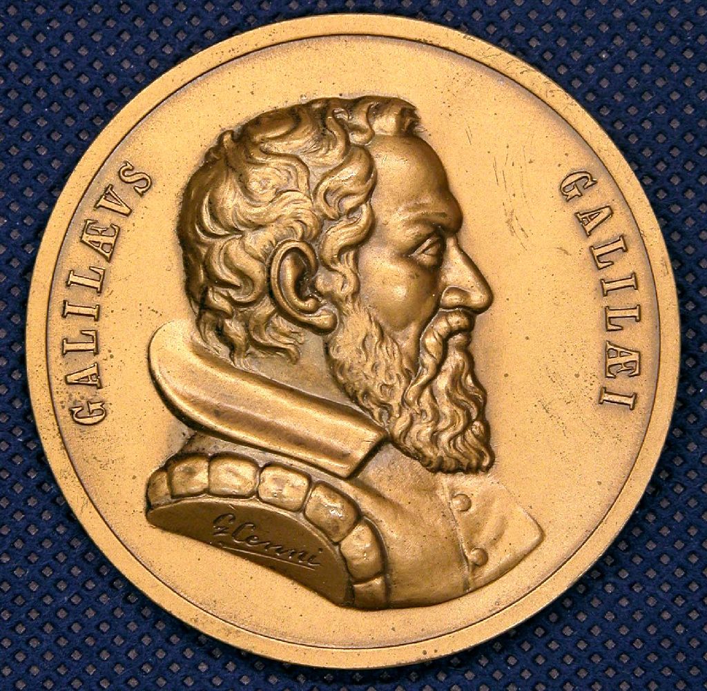 Diritto: Busto di Galileo Galilei; Rovescio: Iscrizione con nel mezzo un atomo e un caduceo  (medaglia, opera isolata) di Cenni G, Picchiani, Barlacchi (sec. XX)