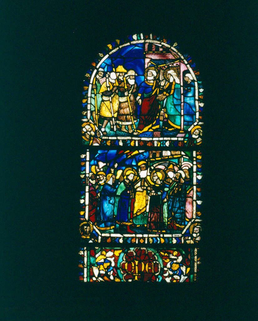 Due santi accolgono pellegrini; Lo sposalizio della Vergine (vetrata) - bottega toscana (seconda metà sec. XIV)