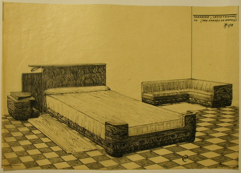 Comodino, letto e divanetto (per camera da scapolo), Comodino, letto e divano (disegno, serie) - ambito pisano (secondo quarto sec. XX)