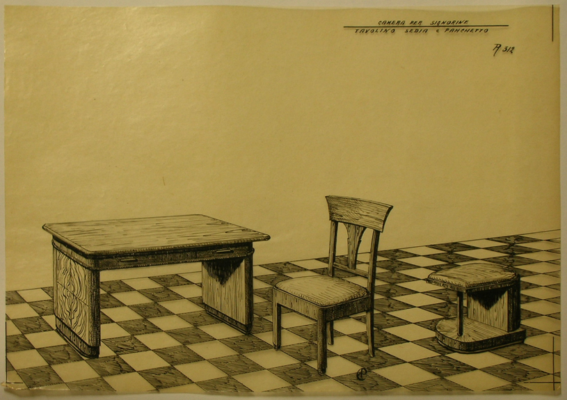 Camera per signorine, Tavolo, sedia e panchetto (disegno, serie) - ambito pisano (sec. XX)