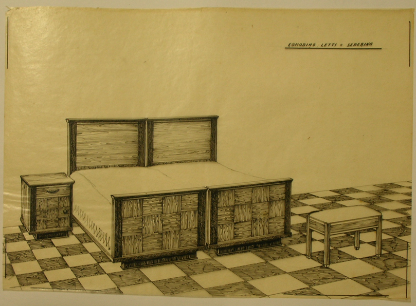 Comodino letti e sederina, Comodino, letto e sgabello (disegno, serie) - ambito pisano (secondo quarto sec. XX)