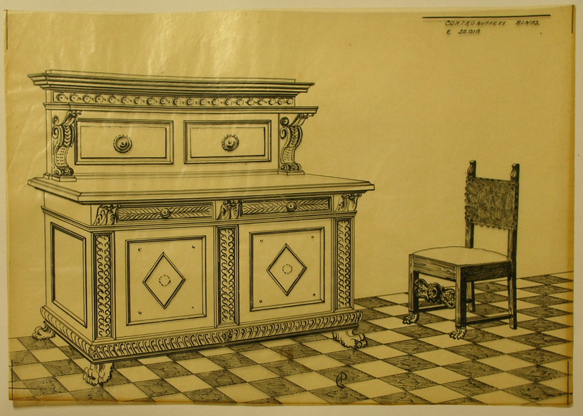 Controbuffet rinascimento e sedia, Contro-buffet e sedia (disegno, serie) - ambito pisano (secondo quarto sec. XX)