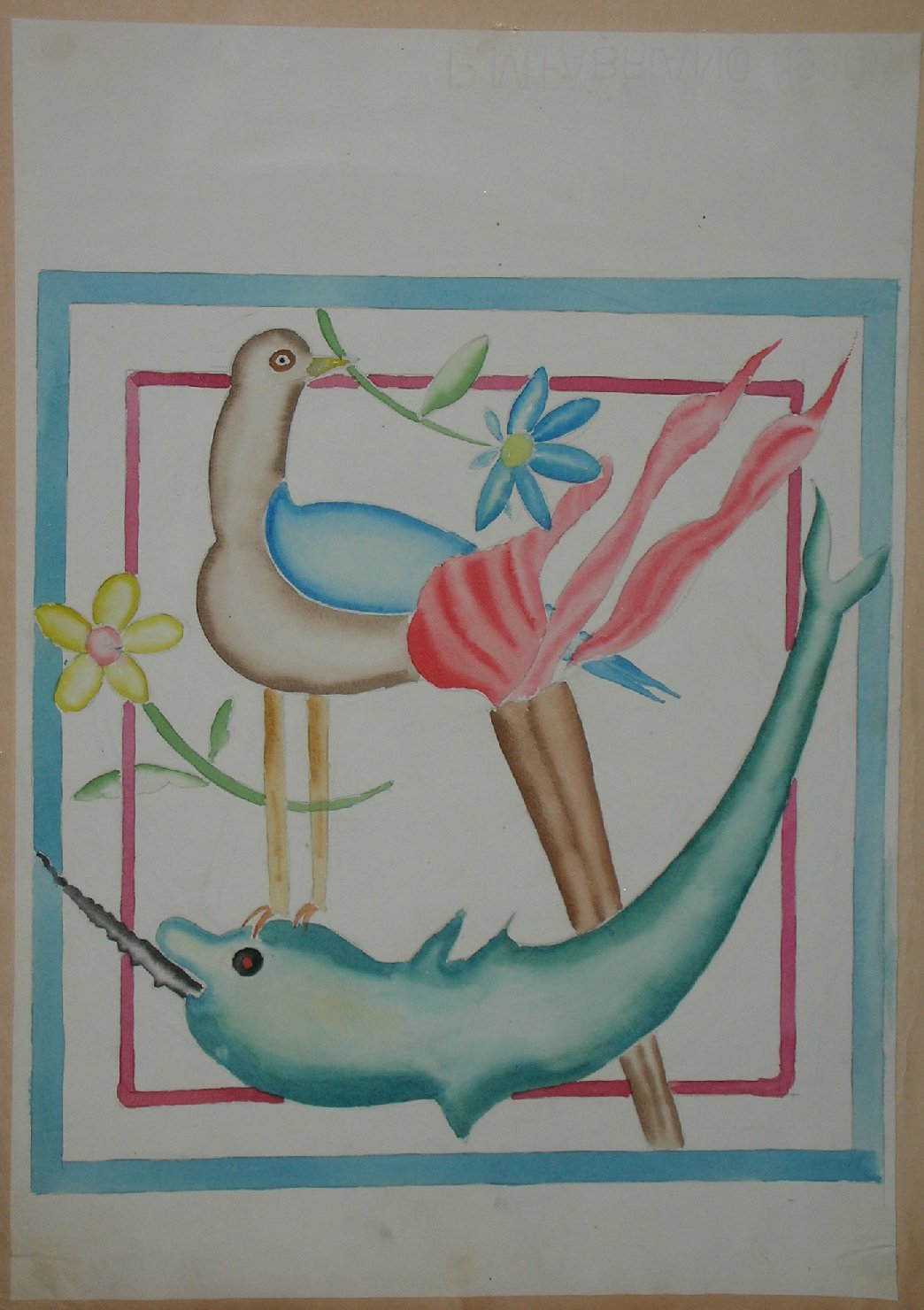 motivo decorativo con fiaccola, pesce e uccello (disegno, opera isolata) - ambito pisano (sec. XX)