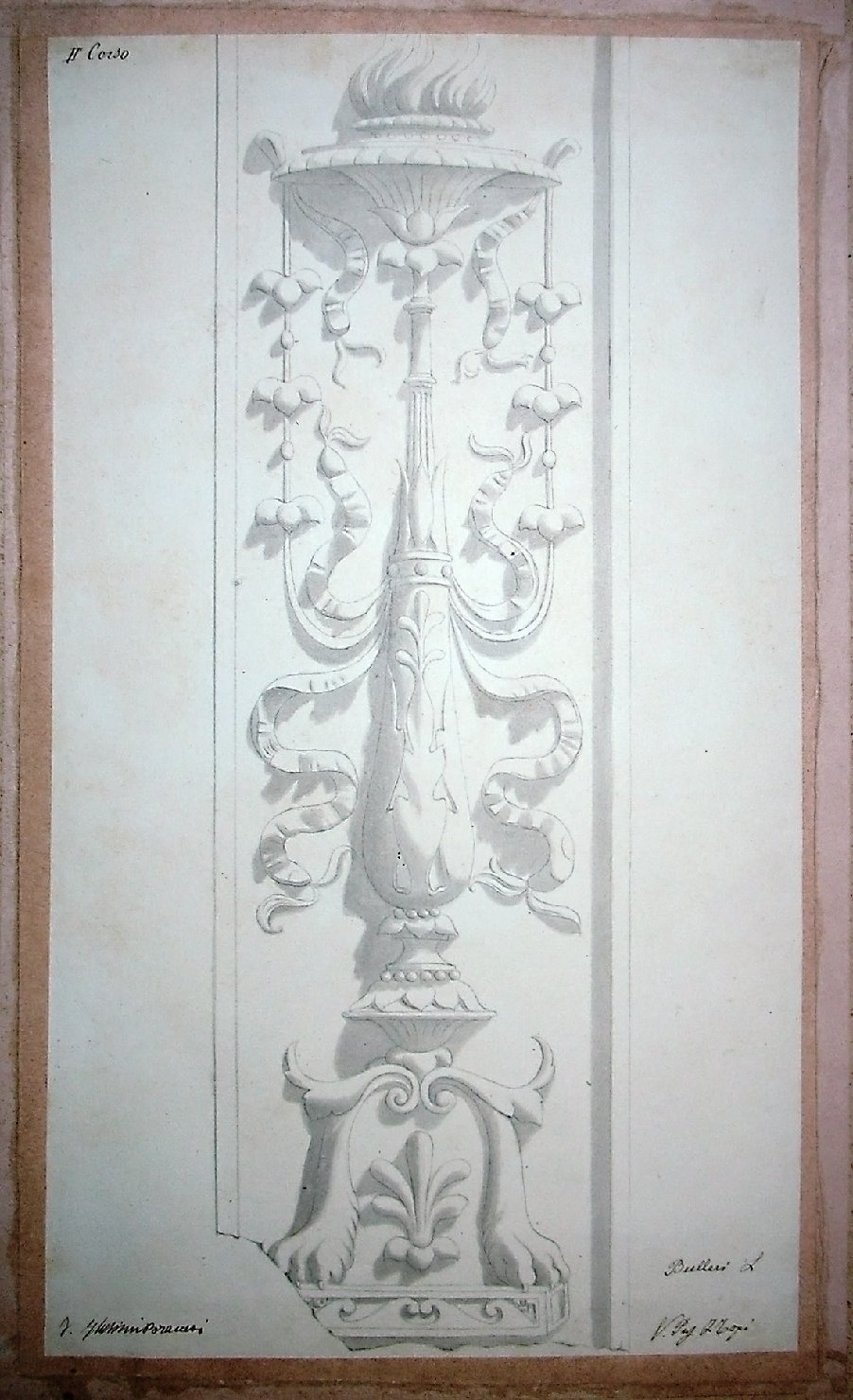 Studio di calco in gesso raffigurante una torcia decorata a rilievo (disegno) - ambito pisano (sec. XIX)