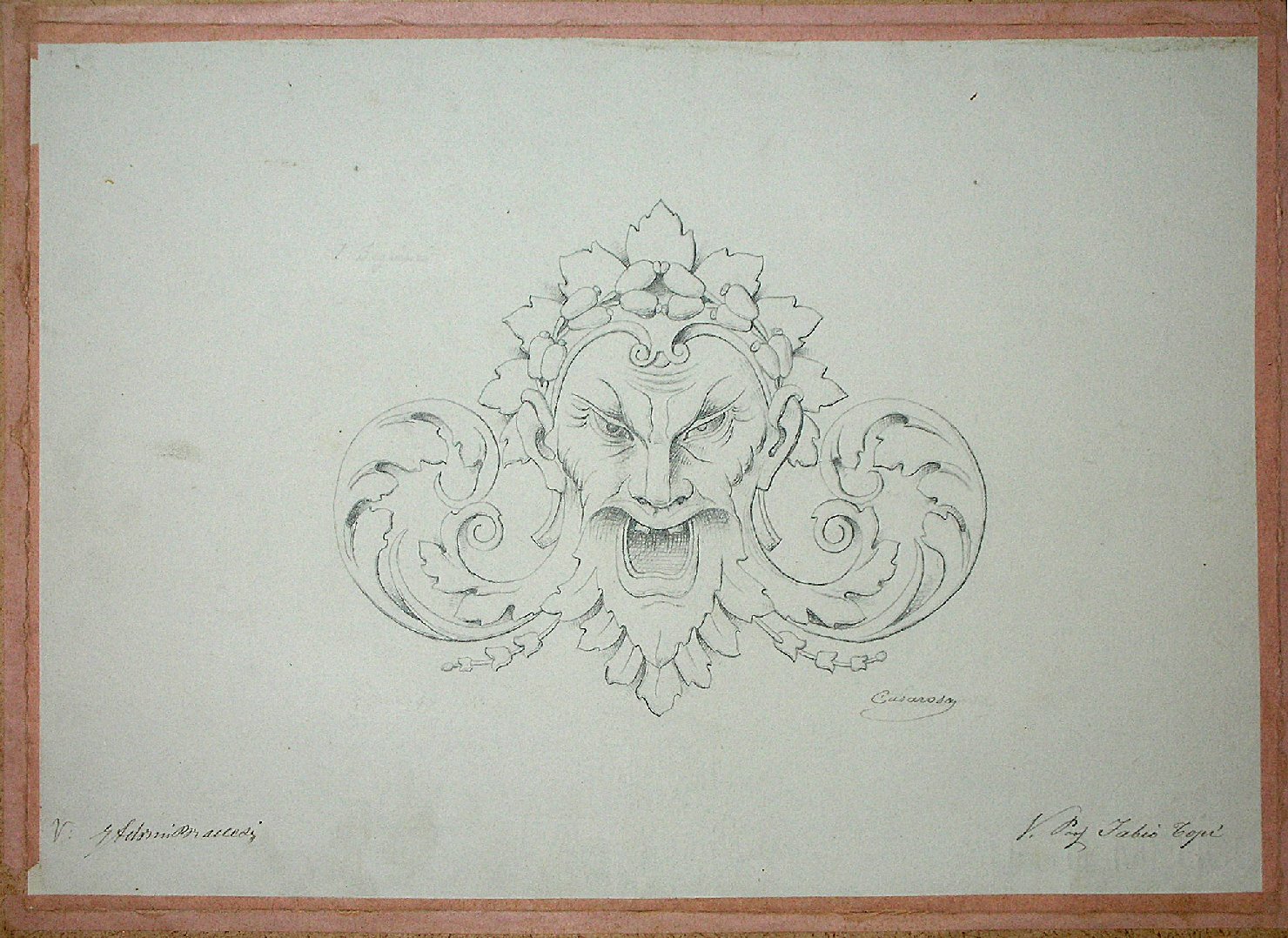 Motivo decorativo a volute vegetali e mascherone (disegno) - ambito pisano (sec. XIX)