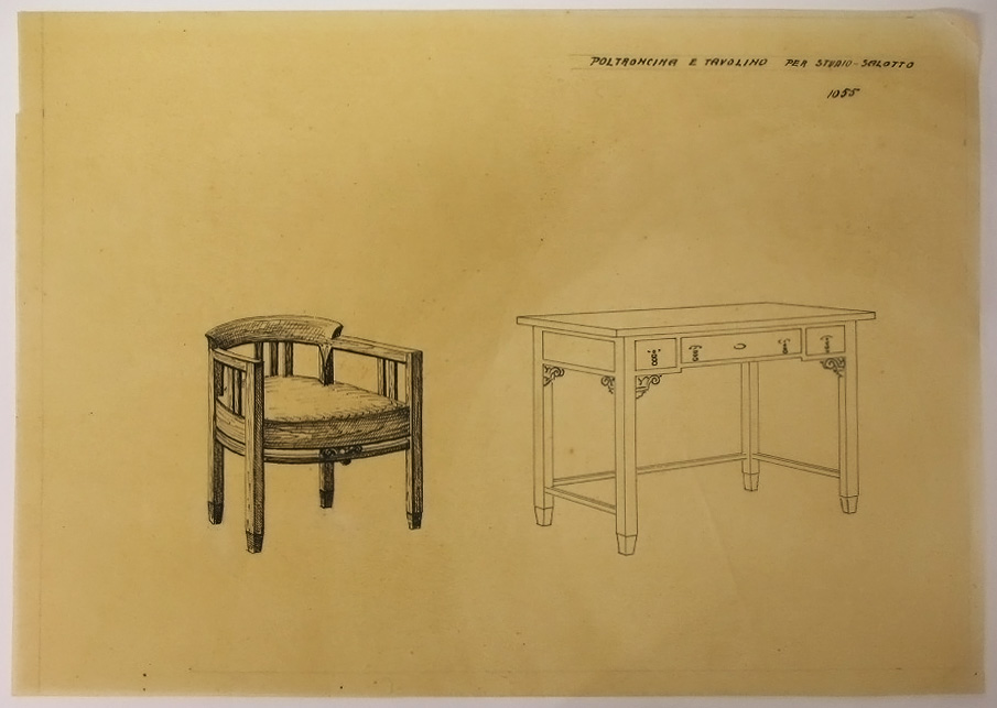 Poltroncina e Tavolino per Studio-Salotto, Tavolo e Poltroncina (disegno, serie) - ambito pisano (secondo quarto sec. XX)