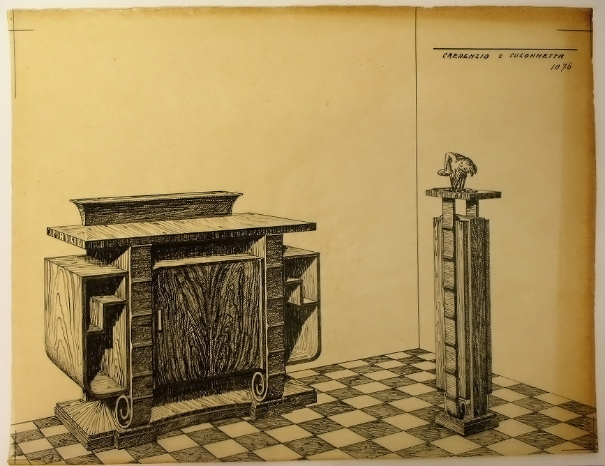 Credenza e colonna (disegno, serie) - ambito pisano (secondo quarto sec. XX)