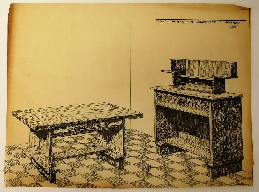 TAVOLO CON AGGIUNTE CERNIERATE e SERVANT, Tavolo e mobile (disegno, serie) - ambito pisano (secondo quarto sec. XX)