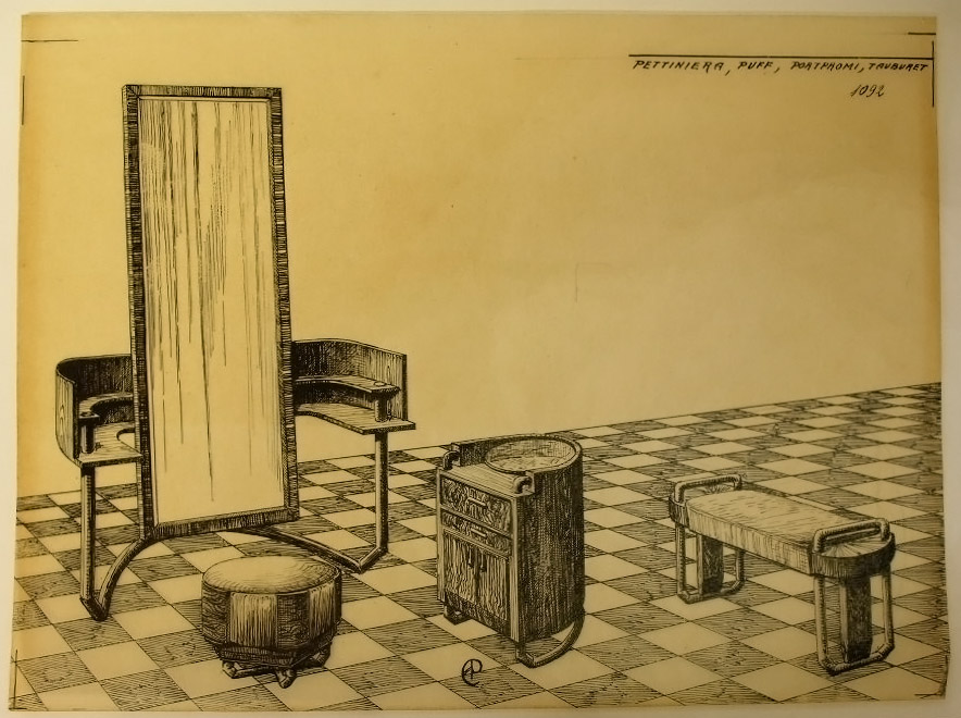 PETTINIERA, PUFF, PORTPROMI, TAUBURET [sic], Complementi d'arredo per la camera (disegno, serie) - ambito pisano (secondo quarto sec. XX)