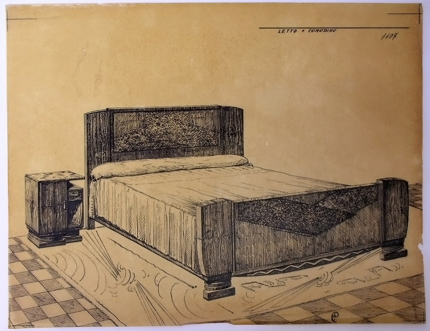 LETTO e COMODINO, Comodino e letto (disegno, serie) - ambito pisano (secondo quarto sec. XX)