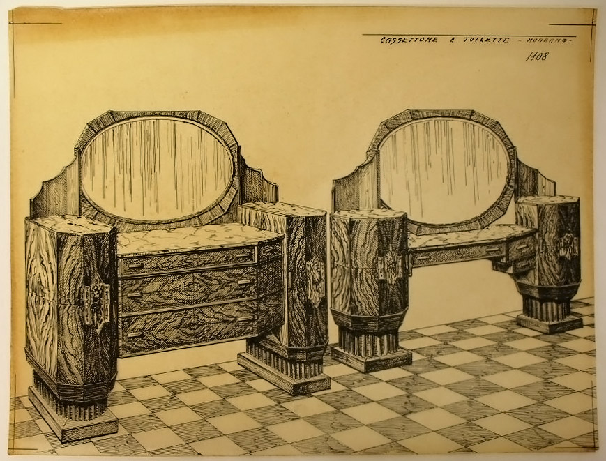 CASSETTONE e TOILETTE - MODERNO, Toilette e cassettone (disegno, serie) - ambito pisano (secondo quarto sec. XX)