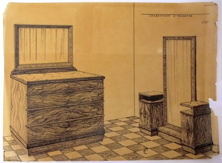 CASSETTONE e TOILETTE, Toilette e cassettone (disegno, serie) - ambito pisano (secondo quarto sec. XX)