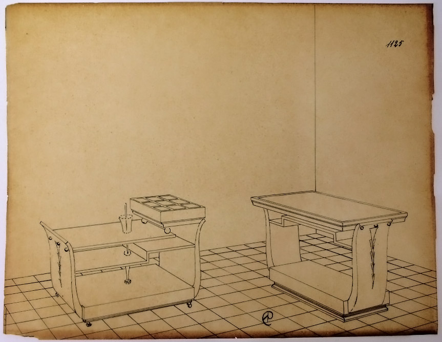 Tavolino e carrello porta-vivande (disegno, serie) - ambito pisano (secondo quarto sec. XX)