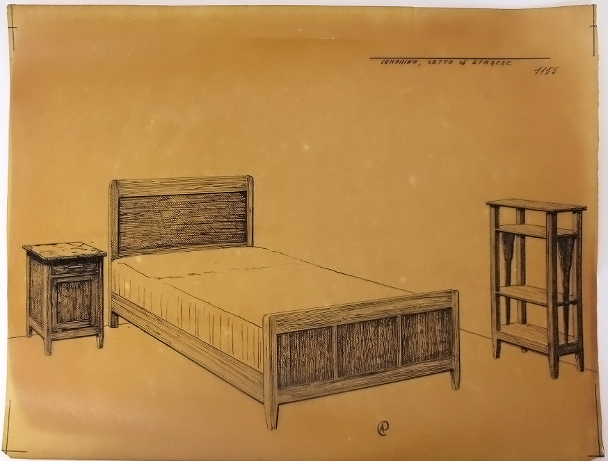 Comodino, letto ed etagere, Comodino, letto e consolle (disegno, serie) - ambito pisano (secondo quarto sec. XX)