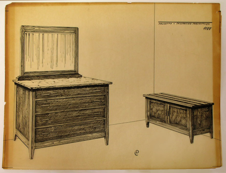 Cassetto e cassoncino-portavalige [sic], Cassettone e cassapanca (disegno, serie) - ambito pisano (secondo quarto sec. XX)