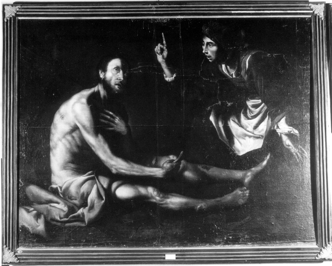 moglie di Giobbe lo rimprovera (dipinto, opera isolata) di Borzone Luciano (attribuito) (prima metà sec. XVII)