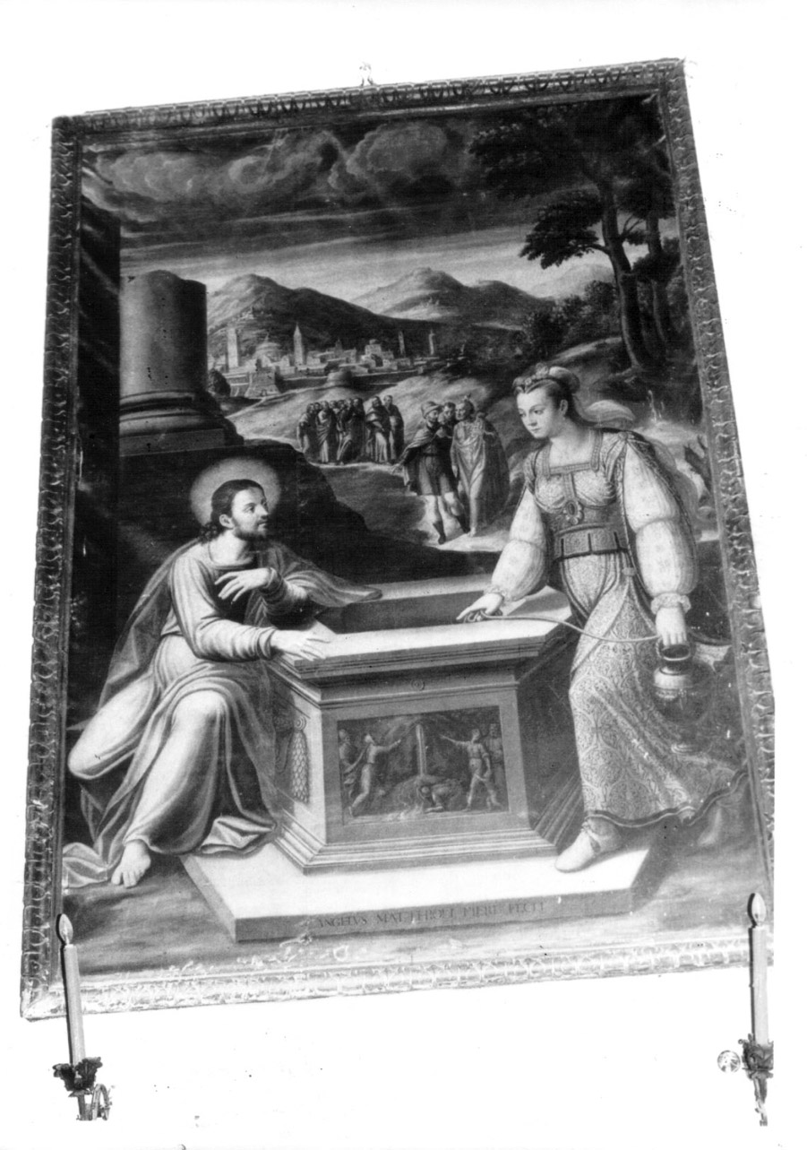 Cristo e la samaritana al pozzo (dipinto, elemento d'insieme) di Nucci Virgilio (ultimo quarto sec. XVI)