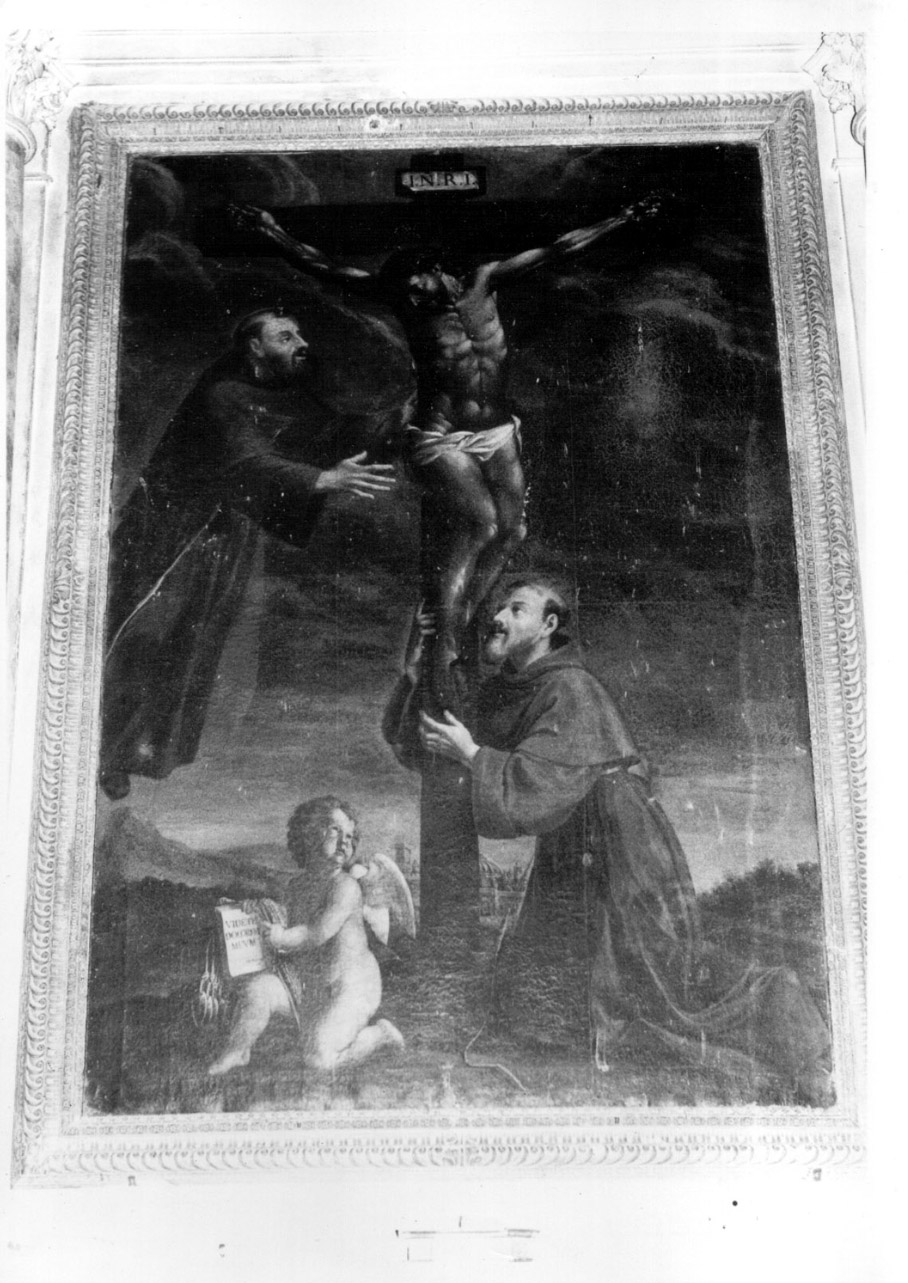 San Francesco d'Assisi abbraccia Cristo crocifisso (dipinto, opera isolata) di Michelini Giovan Battista (attribuito) (seconda metà sec. XVII)