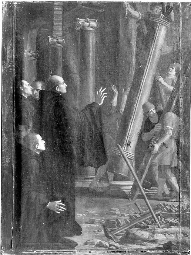 San Pietro Vincioli che sostiene con il segno della croce una colonna cadente, San Pietro Vincioli (dipinto, opera isolata) di Gimignani Giacinto (attribuito) (sec. XVII)