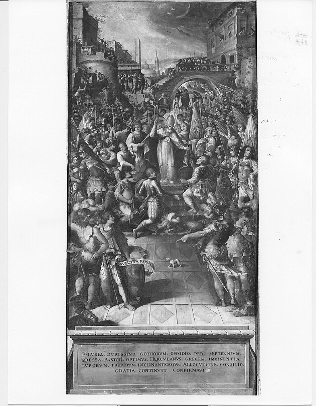 S. Ercolano libera Perugia dall'assedio dei Goti, assedio (dipinto, opera isolata) di Salvucci Matteo (attribuito) (sec. XVII)