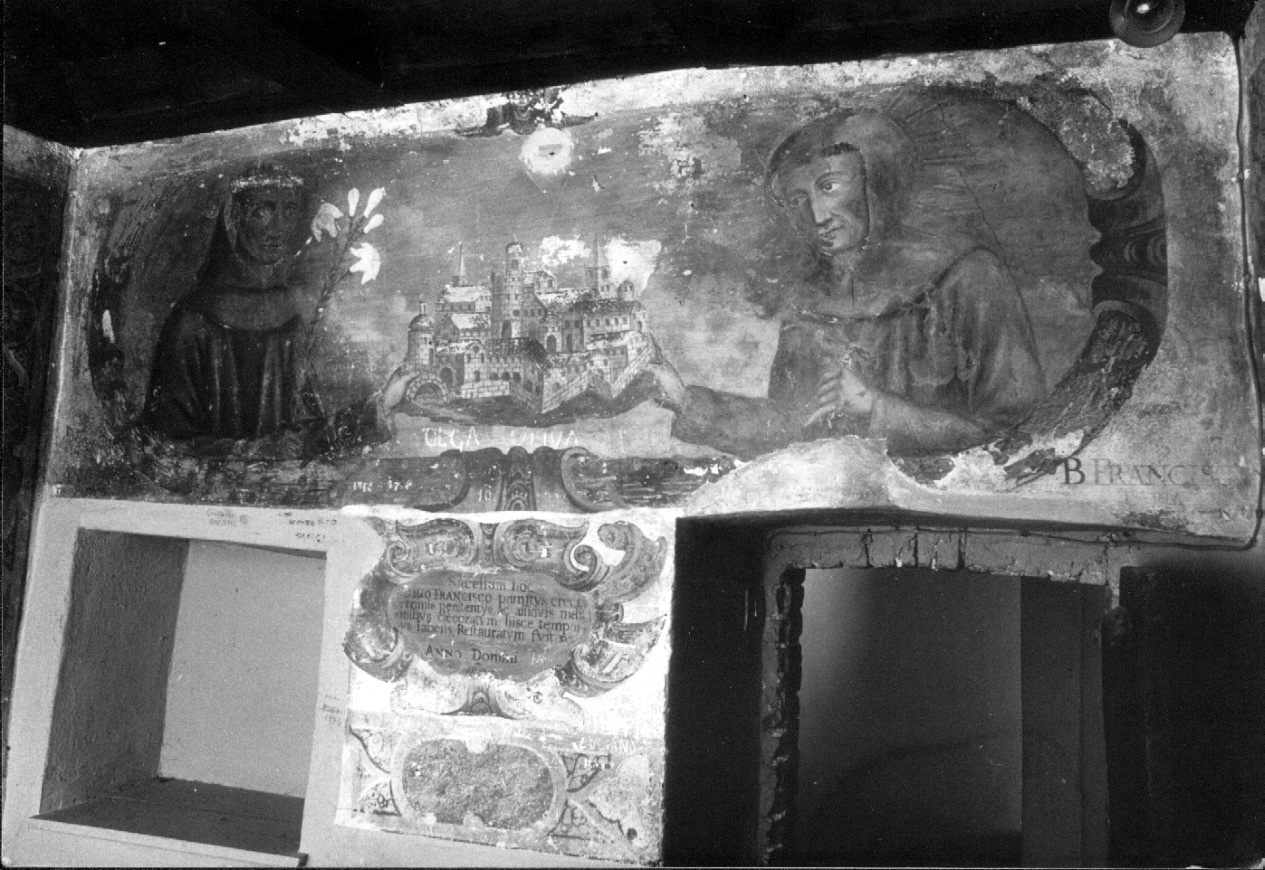 Sant'Antonio da Padova e Beato Francesco da Pavia sorreggono un modellino di città (dipinto, complesso decorativo) - ambito umbro-laziale (sec. XVII, sec. XVII)