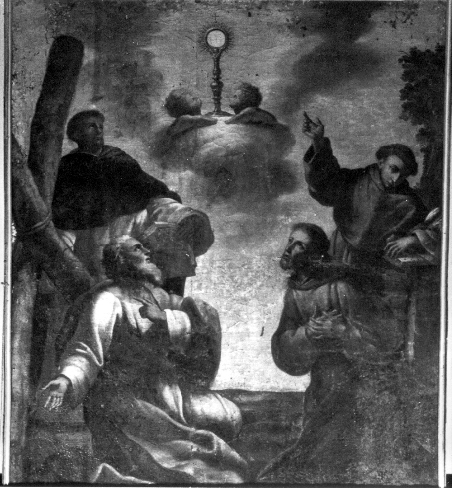 Santi in adorazione del simbolo eucaristico (dipinto, opera isolata) - ambito umbro-laziale (metà sec. XVII)