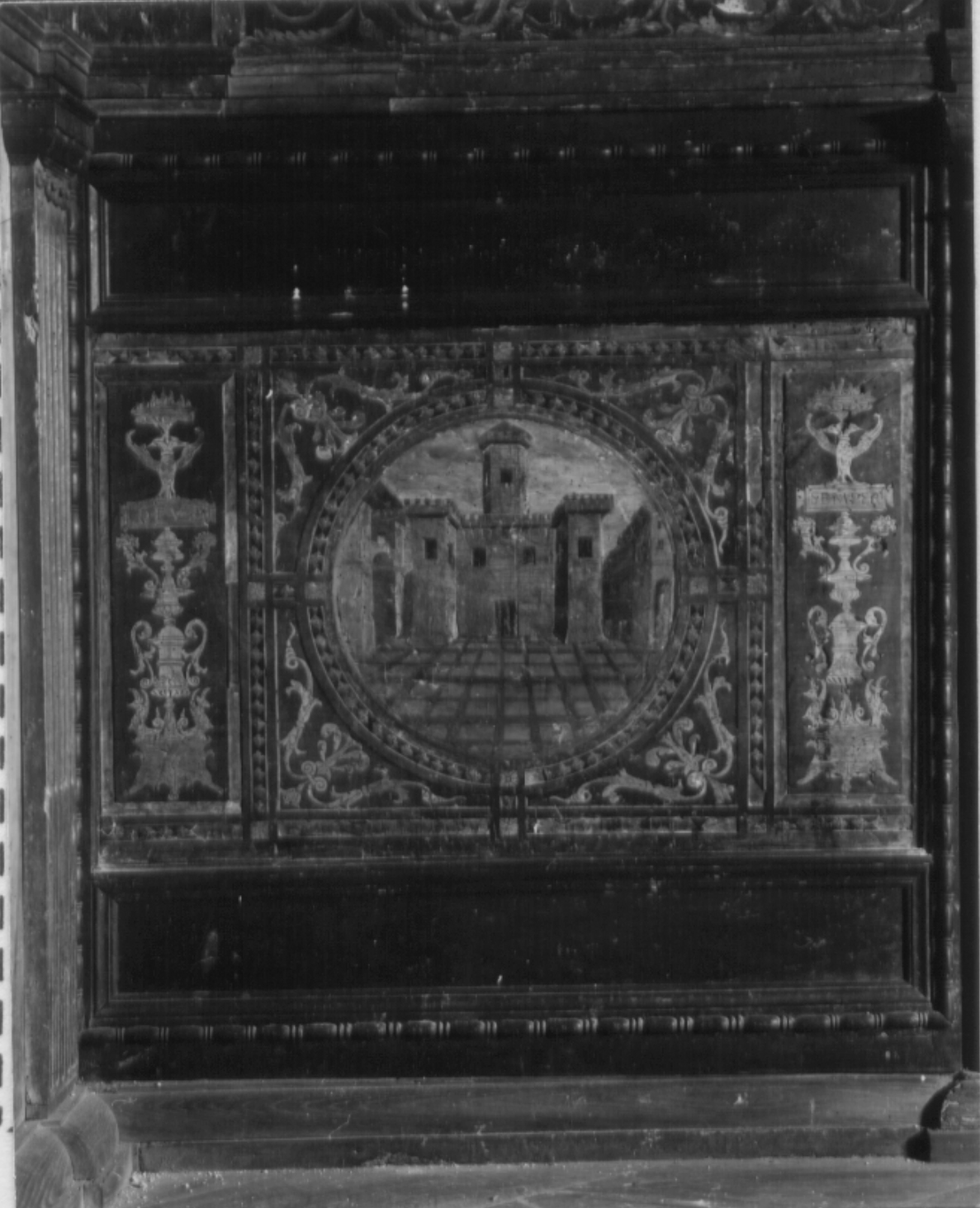 veduta prospettica di un castello (decorazione a intarsio, frammento) di Giovanni da Verona (attribuito) (ultimo quarto sec. XV)