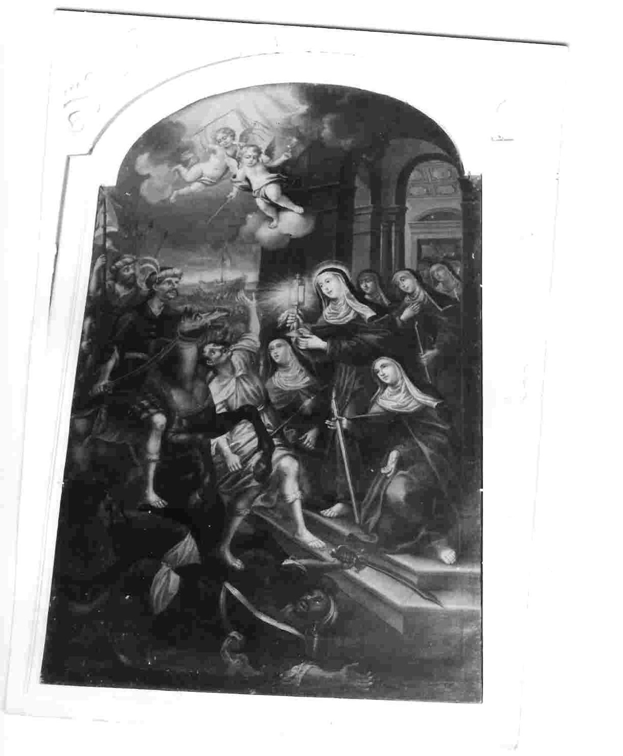 Santa Chiara respinge i saraceni con l'ostensorio (dipinto, opera isolata) - ambito Italia centrale (seconda metà sec. XVIII)