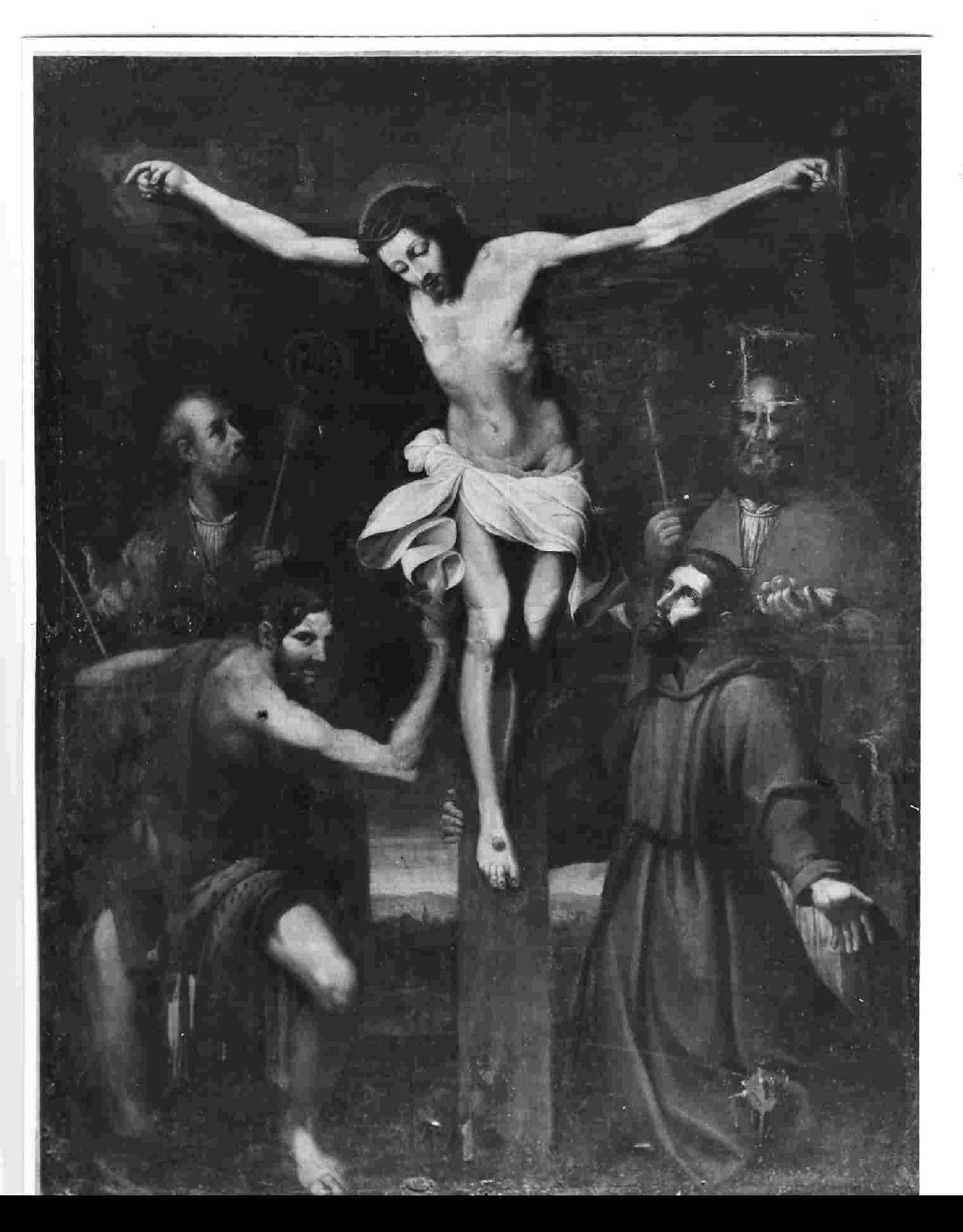 Cristo crocifisso con Santi (dipinto, elemento d'insieme) di Pacetti Giovanni Battista detto Sguazzino (prima metà sec. XVII)