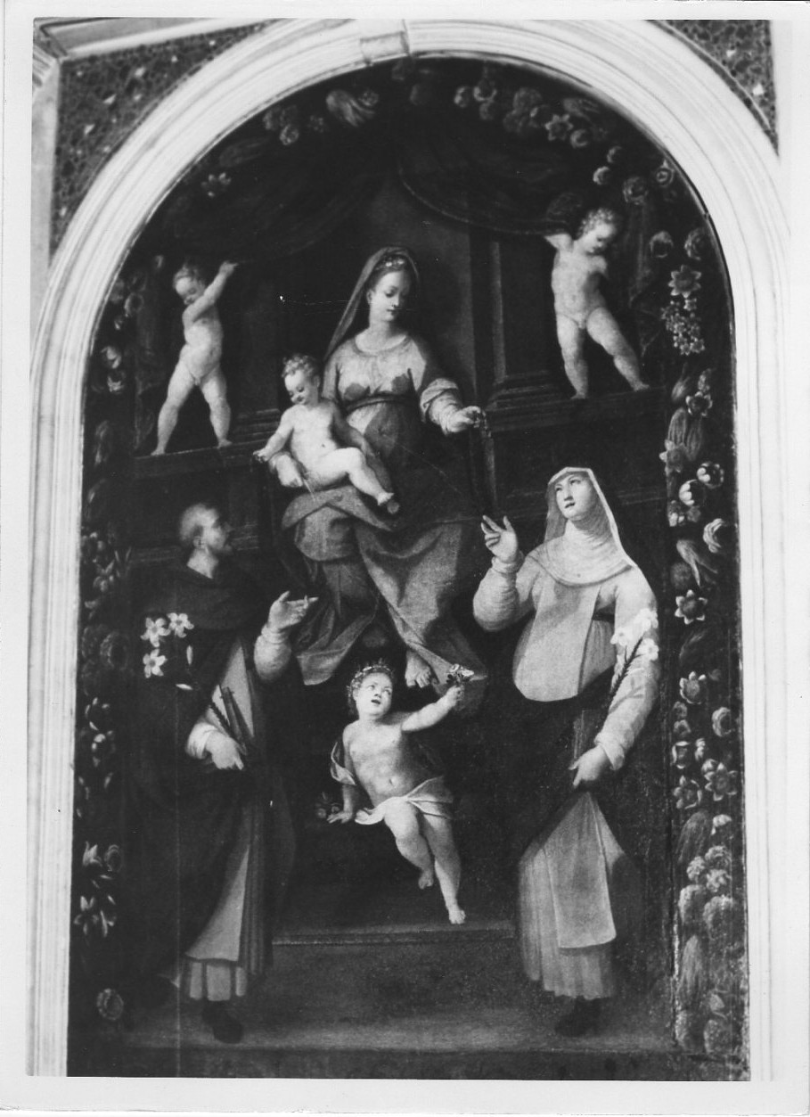 Madonna con Bambino in trono tra santi (dipinto, opera isolata) - ambito italiano (ultimo quarto sec. XVI)