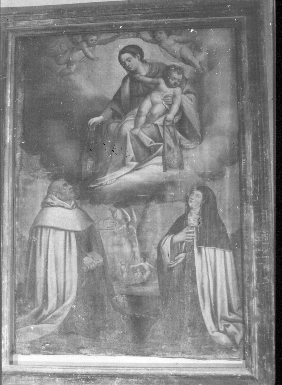 Madonna del Carmelo offre lo scapolare a San Giovanni della Croce e Santa Teresa d'Avila, Madonna del Carmelo offre lo scapolare a due Santi carmelitani (dipinto, opera isolata) - ambito Italia centrale (prima metà sec. XVIII)