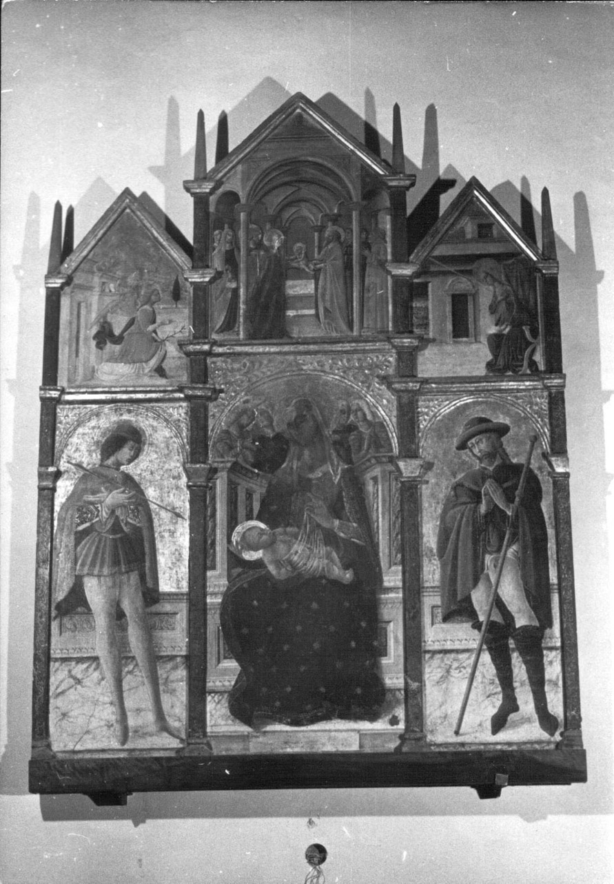 Madonna con Bambino in trono con San Sebastiano, San Rocco e angeli (polittico, opera isolata) di Matteo da Gualdo (bottega) (sec. XV)