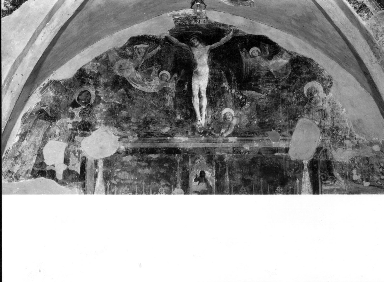 Cristo crocifisso tra santi e angeli (dipinto, ciclo) di Vincioli Jacopo (attribuito) (fine sec. XV)