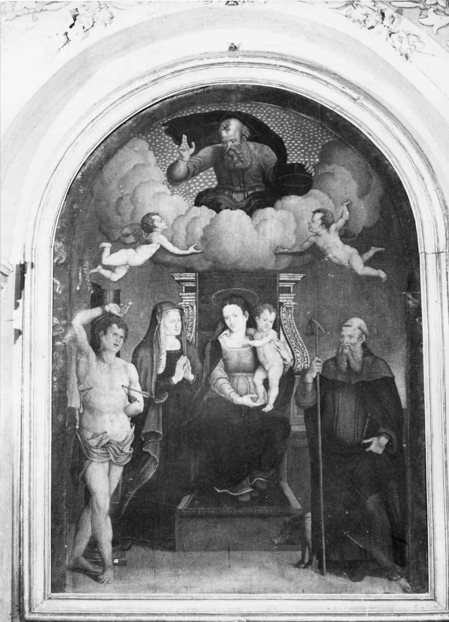 Madonna con Bambino in trono tra santi (dipinto, opera isolata) - ambito Italia centrale (fine sec. XVI)