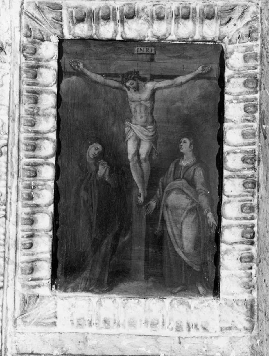 crocifissione di Cristo con la Madonna, San Giovanni Evangelista, Stephaton e Longino (dipinto, elemento d'insieme) - ambito Italia centrale (fine sec. XVI)