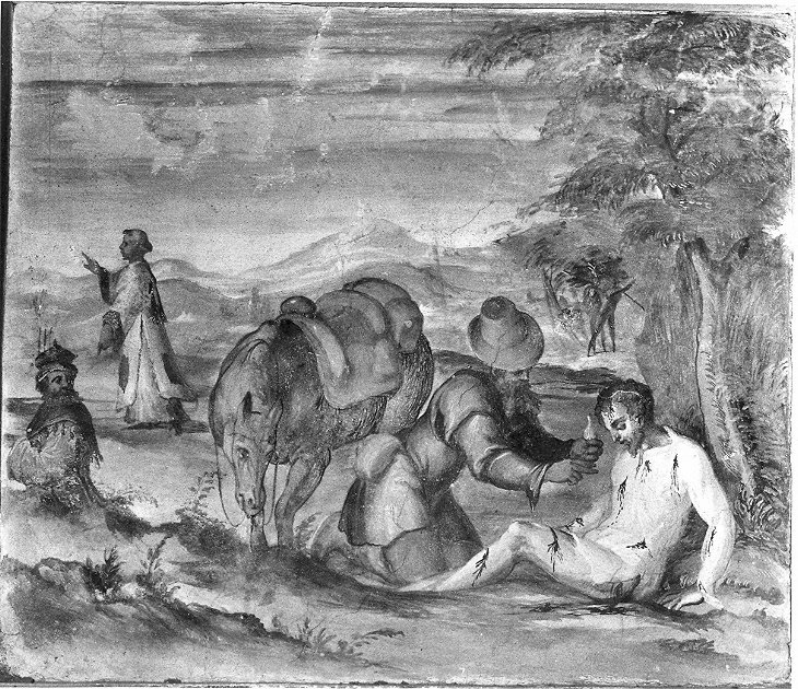 parabola del buon samaritano (dipinto, elemento d'insieme) di Pecennini Scilla (attribuito) (fine sec. XVI)