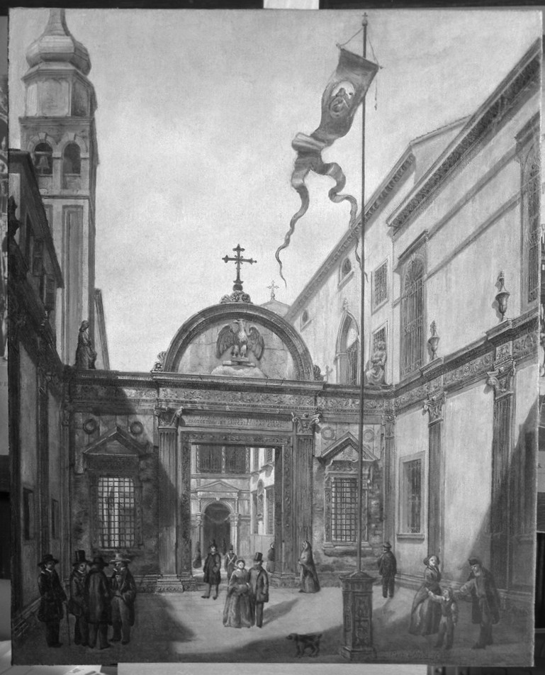 Veduta del cortile della Scuola di San Giovanni Evangelista (dipinto) - ambito veneto (sec. XVIII)