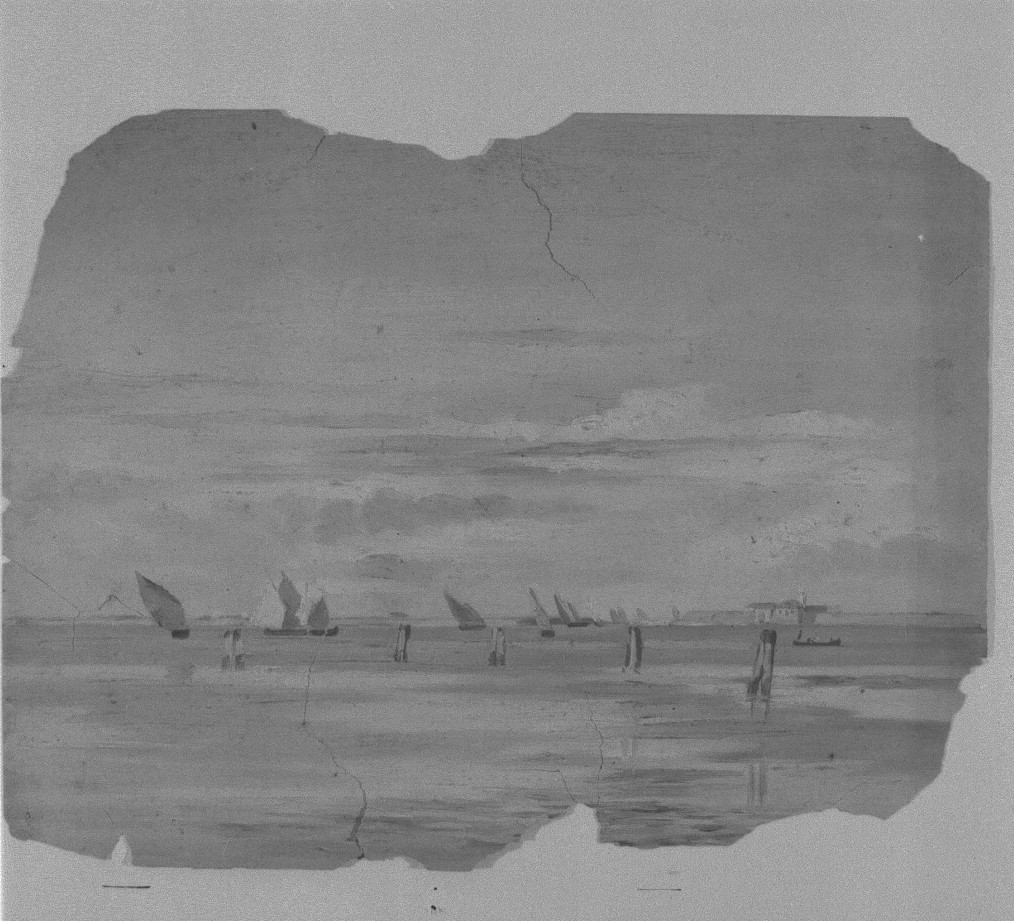 Bragozzi in laguna (dipinto) di Naccari Aristide (fine/inizio secc. XIX/ XX)