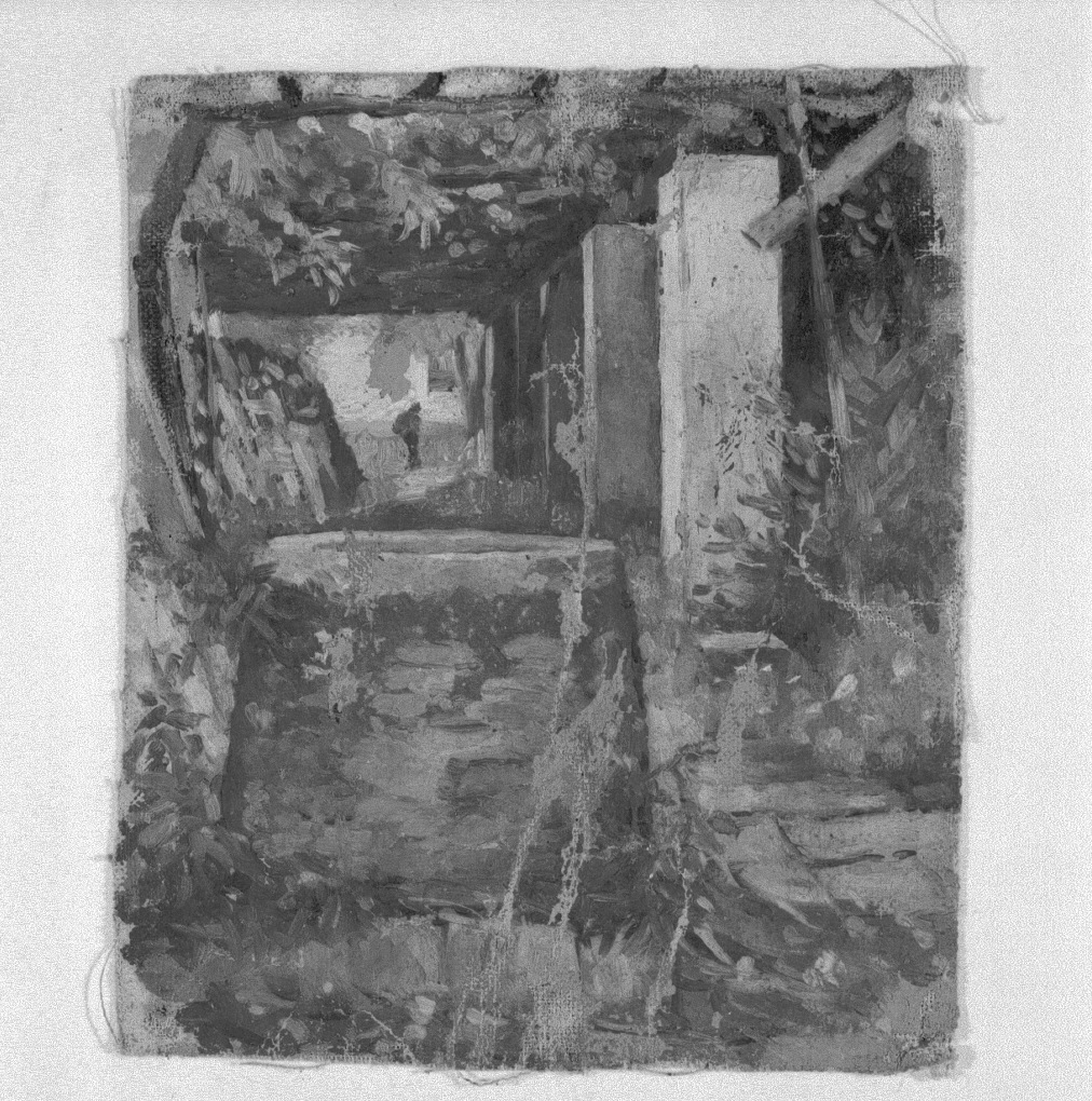 paesaggio campestre con pozzo sotto pergolato, paesaggio (dipinto) di Naccari Aristide (fine/inizio secc. XIX/ XX)