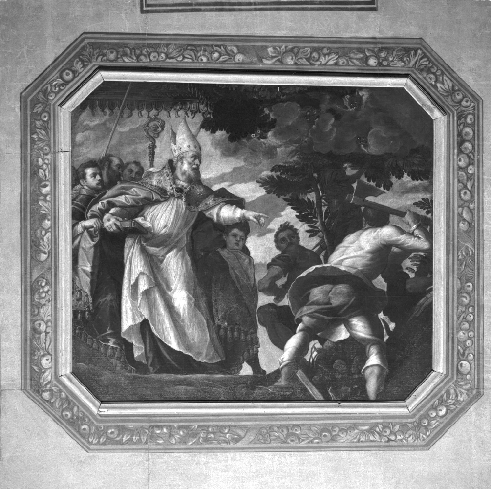 San Nicola di Bari fa abbattere un albero abitato da demoni (dipinto) di Corona Leonardo detto Leonardo da Murano (fine sec. XVI)