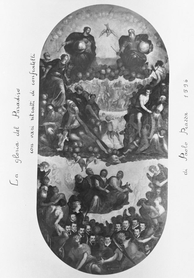 Gloria della SS. Trinità e confratelli della Scuola dei Battuti (dipinto, elemento d'insieme) di Piazza Paolo (fine sec. XVI)