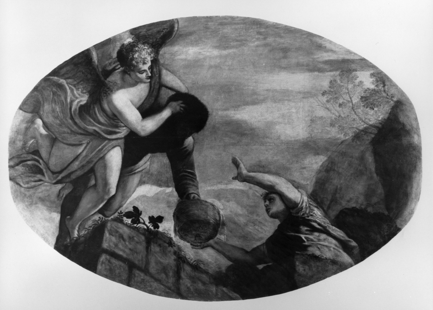 Abacuc trasportato dall'angelo porta il cibo a Daniele nella fossa dei leoni (dipinto) di Porta Giuseppe detto Giuseppe Salviati (sec. XVI)