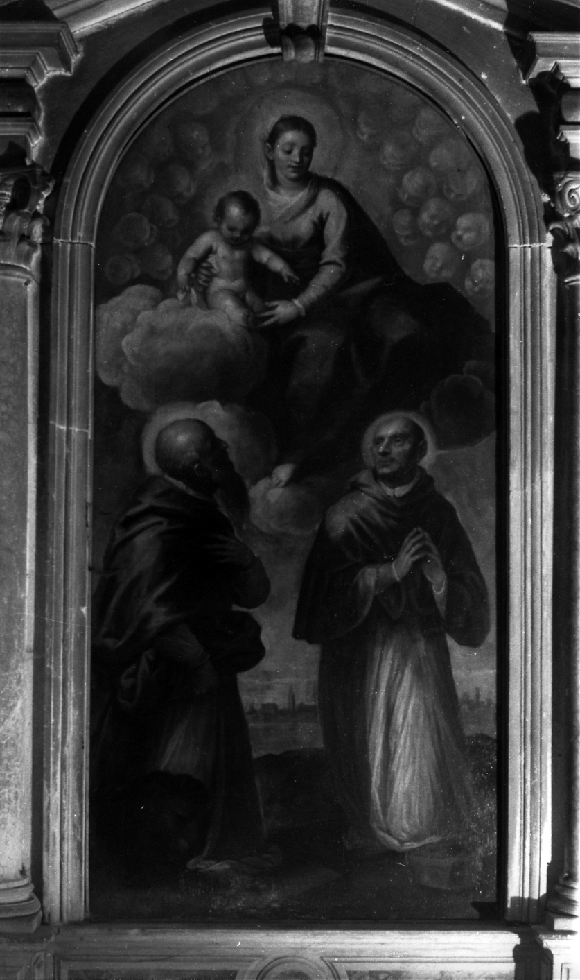 Vergine in gloria che appare ai Santi Gerolamo e Carlo (pala d'altare) di Negretti Jacopo detto Palma il Giovane (sec. XVII)