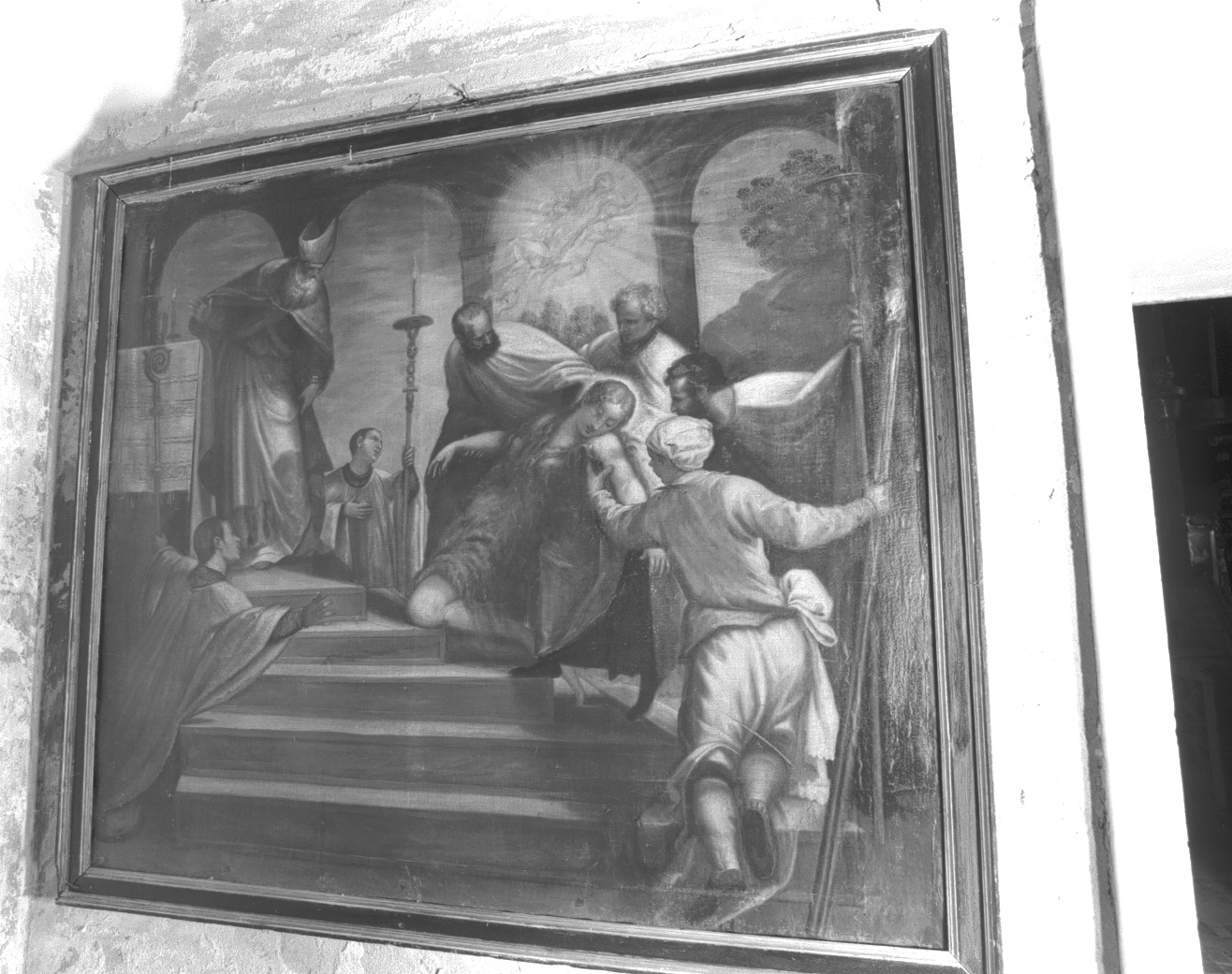 Santa Maria Egiziaca nel tempio di fronte al sacerdote sorretta da figure maschili (dipinto) - ambito veneto (sec. XVII)