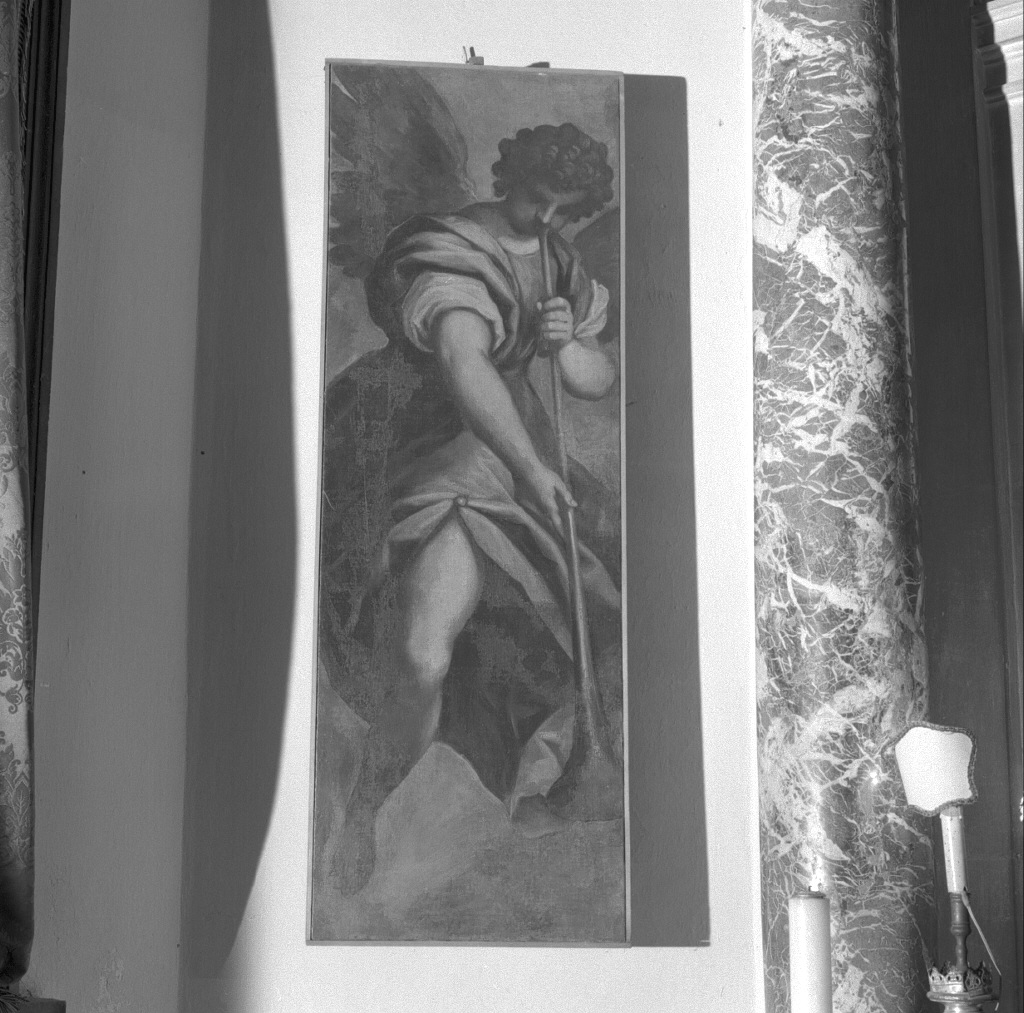 angelo musicante con tromba (dipinto) di Negretti Jacopo detto Palma il Giovane (sec. XVII)